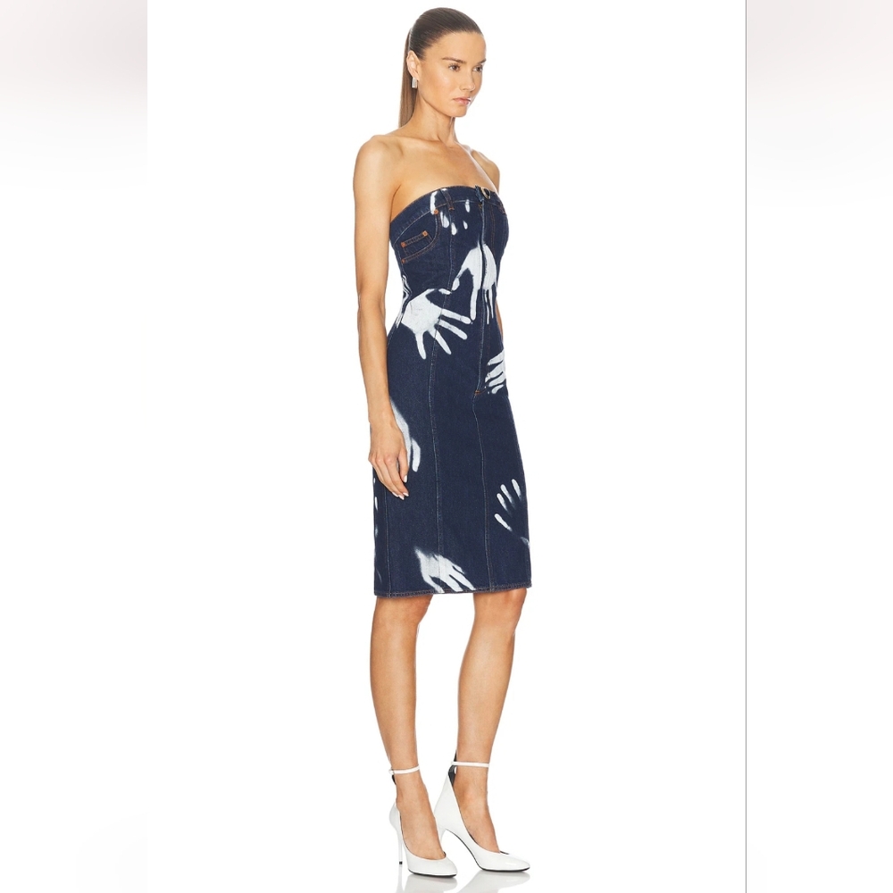 AREA Strapless Denim Dress -Hand Print Indigo Blue - Picture 7 of 10